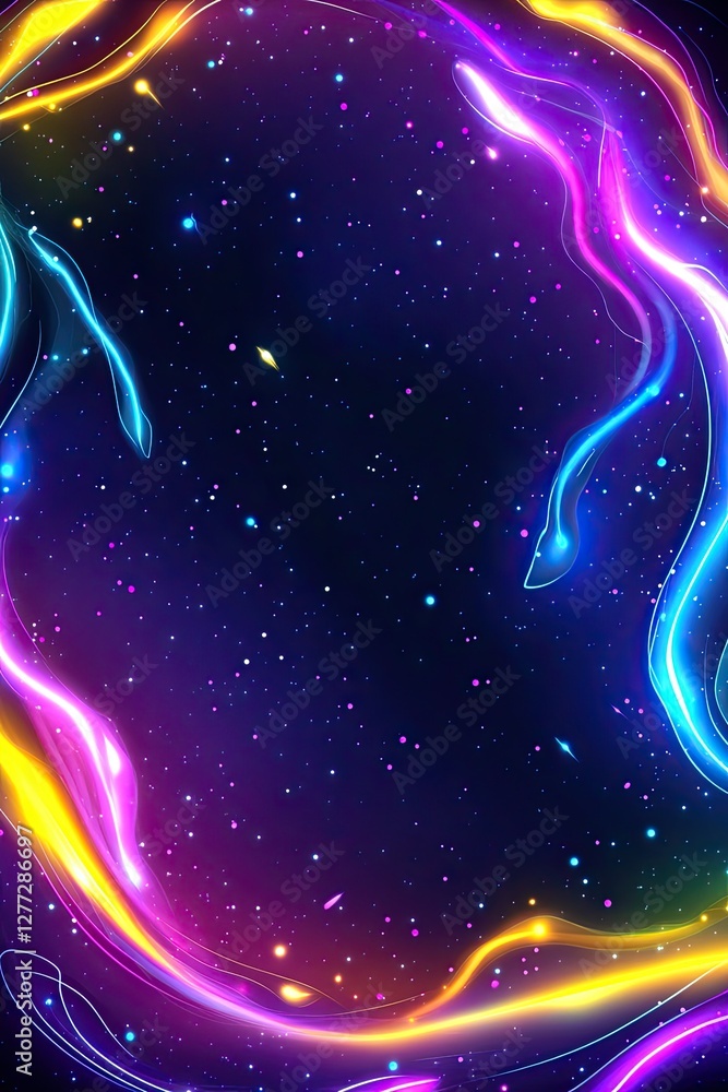 Poster Abstract neon glow with stars in space, creating a colorful cosmic portal.