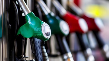 Different colored fuel nozzles lined up at a gas station showing options for drivers during the day