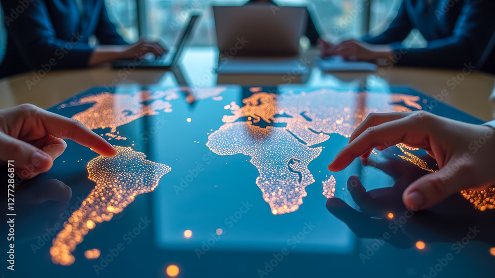 Poster close-up of hands interacting with illuminated world map on digital screen in collaborative office e