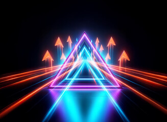 Fototapeta premium Vibrant double exposure art featuring a glowing neon triangle with arrows and light streaks against a dark backdrop, creating a futuristic and dynamic scene.
