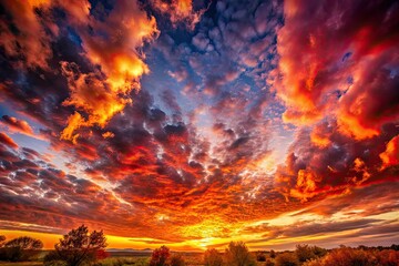 Naklejka premium Blazing sunset, dramatic clouds ignite the autumn sky, a golden hour masterpiece.