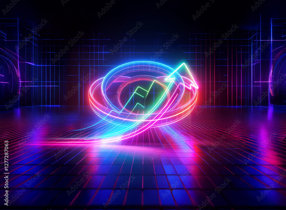 Poster vibrant neon arrow and circles swirl in a double exposure effect, illuminating a dark grid floor wit