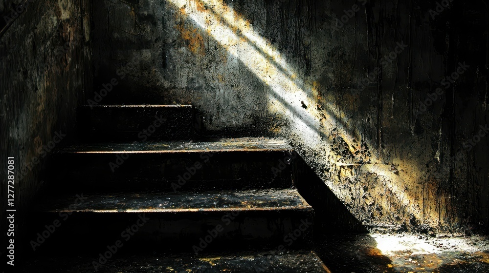 Poster light rays illuminate dark staircase in abandoned structure