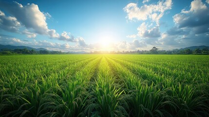 Sunrise over vibrant rice paddy fields, rural landscape, tranquil scene, scenic view, possible use in nature photography, stock images, or desktop wallpapers