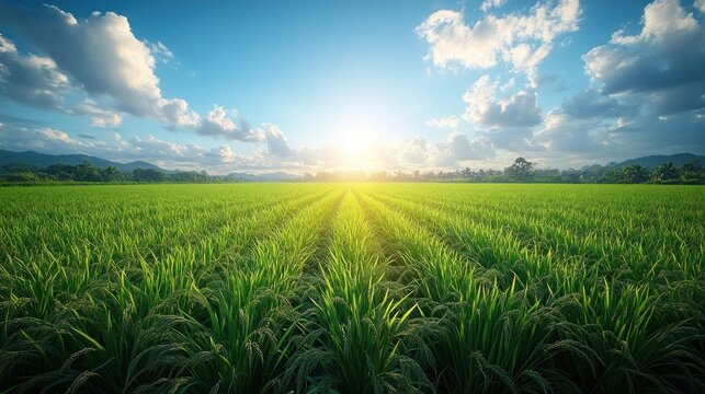 Sunrise over vibrant rice paddy fields, rural landscape, tranquil scene, scenic view, possible use in nature photography, stock images, or desktop wallpapers