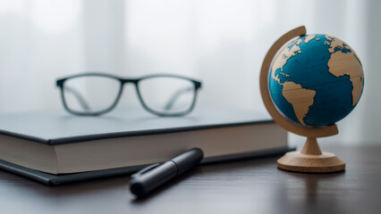 Desk setup with globe, glasses, book, and pen on wooden table near window creating a serene and inviting study environment for learning