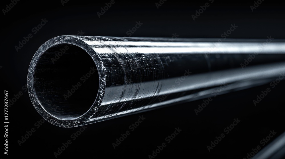 Poster close-up of a smooth and shiny metallic pipe against a dark background