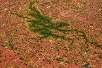 Kati Thanda Lake Eyre, South Australia, Australia. Aerial photography showing textures, patterns and colours of the salt lake following the seasonal flooding.