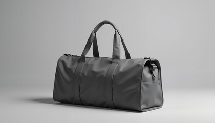 A sleek black travel bag mockup placed on a minimal gray background. The design emphasizes its modern and professional style, making it ideal for showcasing branding for travel accessories