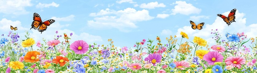 Fototapeta premium Colorful meadow flowers and butterflies, spring background, nature scene, wallpaper use