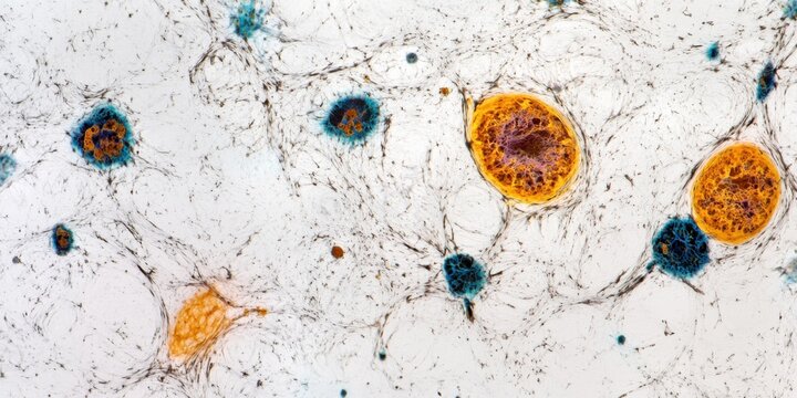 Aging cells captured under lab conditions with microscopic-level clarity. Featuring biological decline