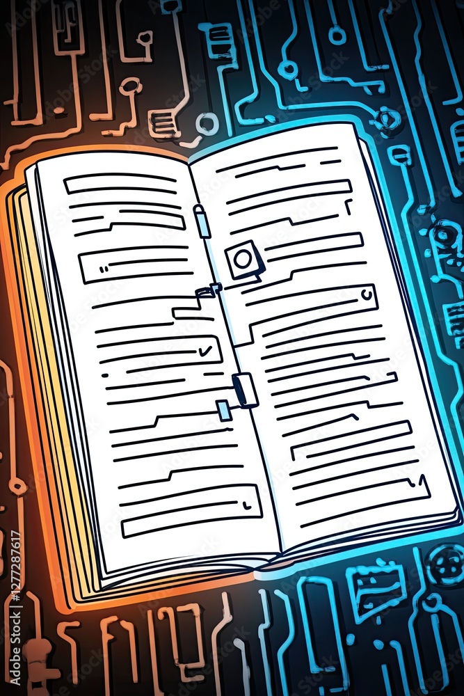 Poster an open book with a circuit board background, symbolizing the merging of technology and knowledge.