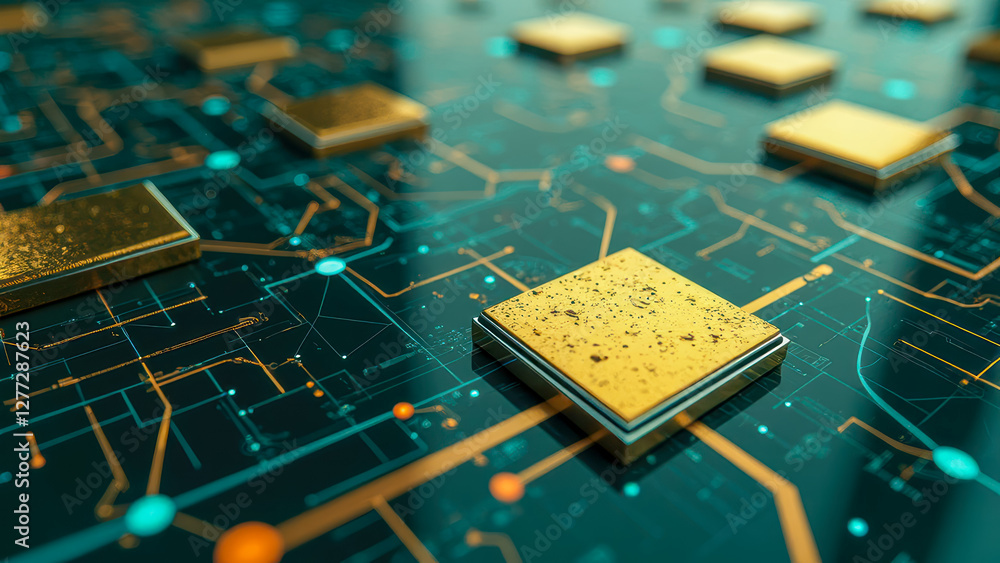 Poster futuristic microchip technology with golden components on dark circuit board background illustrating