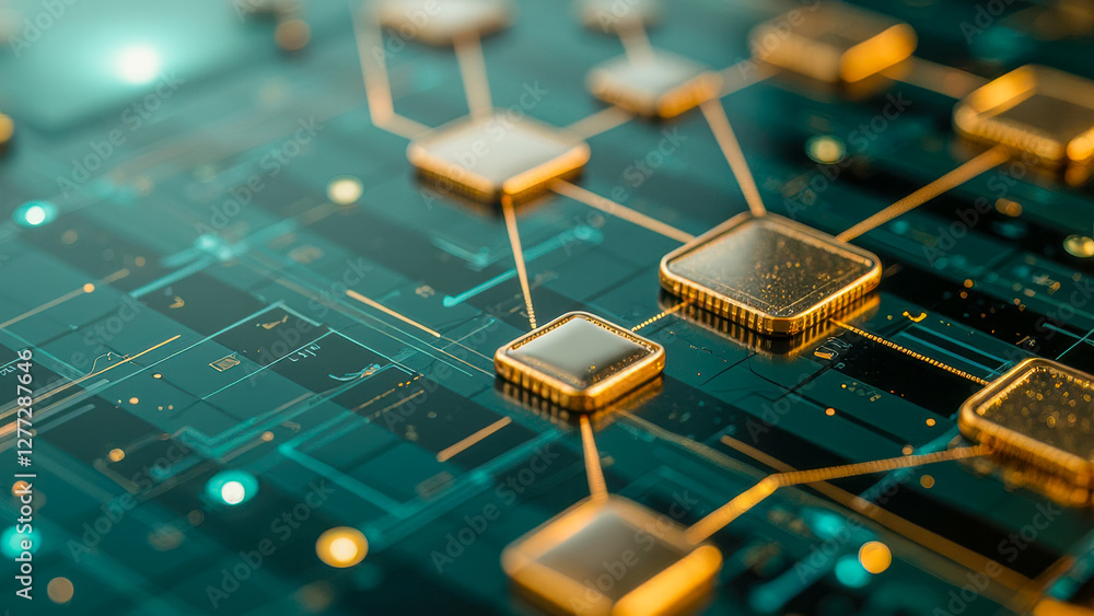 Poster abstract digital technology background with microchips and circuits, representing innovation, connec