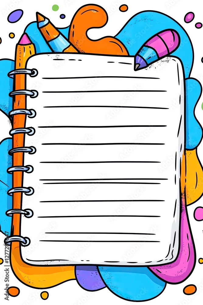Poster an open notebook with a pencil and pen on top, surrounded by colorful abstract shapes.