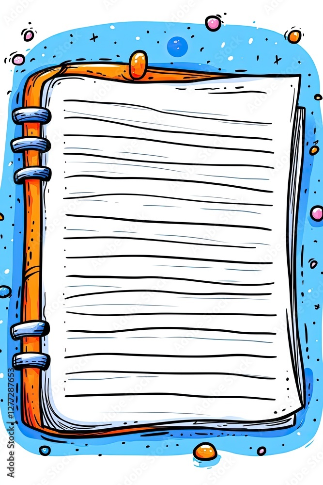 Poster an open notebook with lined paper and a colorful background.