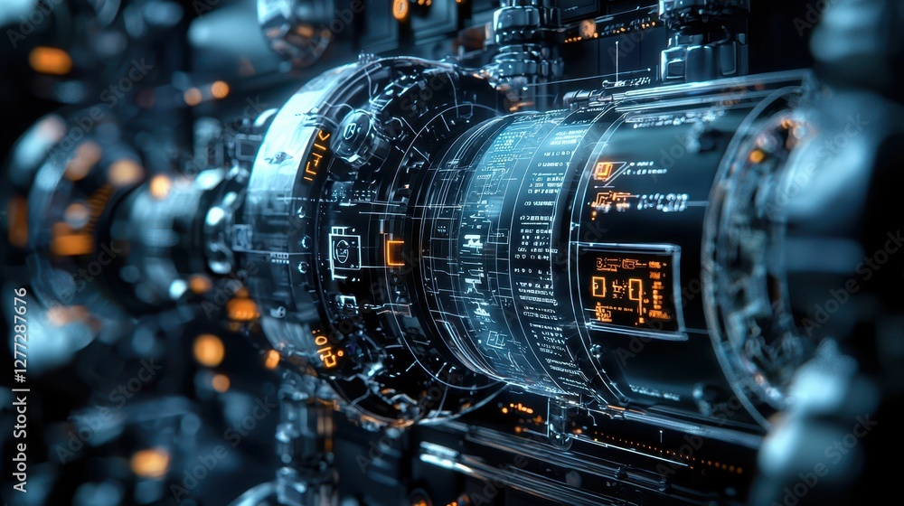 Poster futuristic machine interface with digital displays and circuits