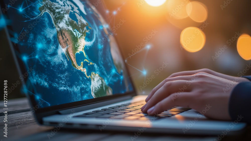 Poster hand on keyboard with laptop displaying globe and digital network connection in sunset background