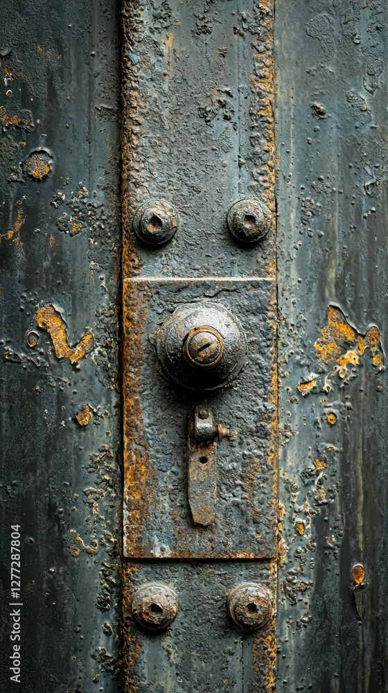 Poster close-up of rusty metallic door handle with textured surface details