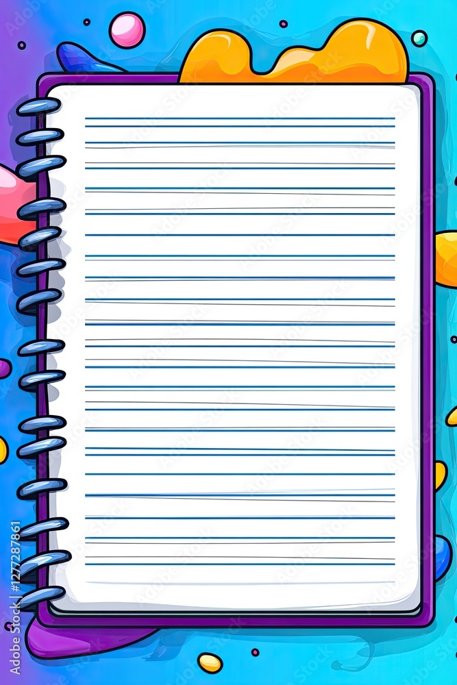 Poster blank lined notebook with colorful abstract paint splatter background.