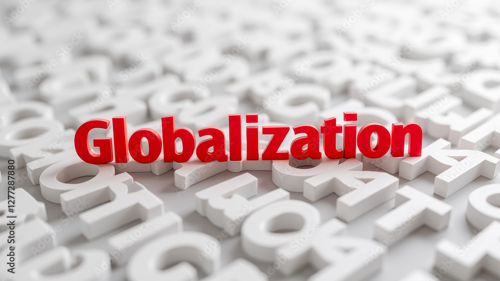 Poster bold red text of globalization on a white background with abstract letters illustrating the concept 