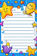 Obraz premium Blank blue lined paper with cartoon stars and confetti.