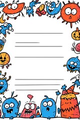 Fototapeta premium Blank letter paper with colorful cartoon monsters around the edges, perfect for kids to write on or color in.