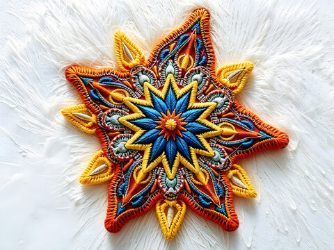 A vibrant handmade star-shaped yarn mandala with intricate patterns, set against a soft white fabric. Generative AI