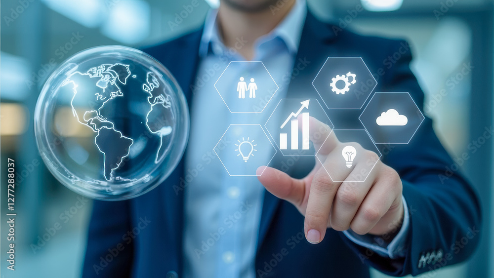 Poster business professional using digital interface with globe and graphs to visualize data and analytics 