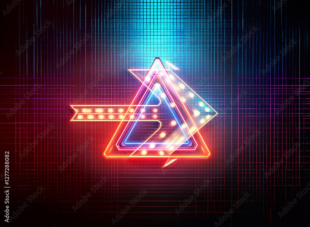 Poster a vibrant double exposure image featuring a neon arrow piercing through a glowing triangle shape aga