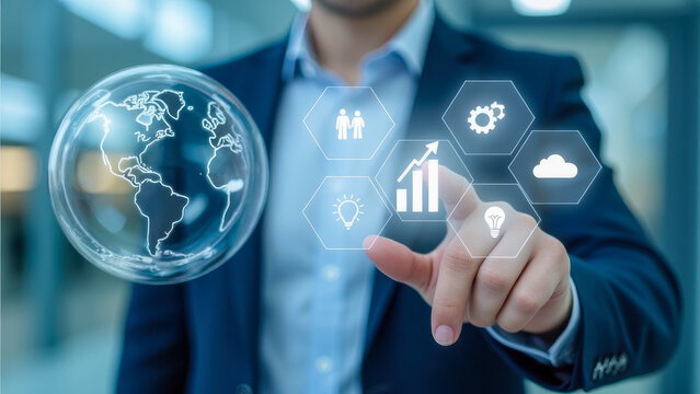 Business professional using digital interface with globe and graphs to visualize data and analytics in modern office environment