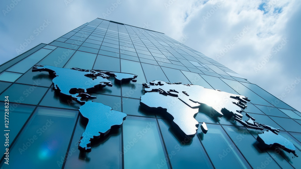 Poster modern office building with a glass facade displaying a world map in a reflective design against a c