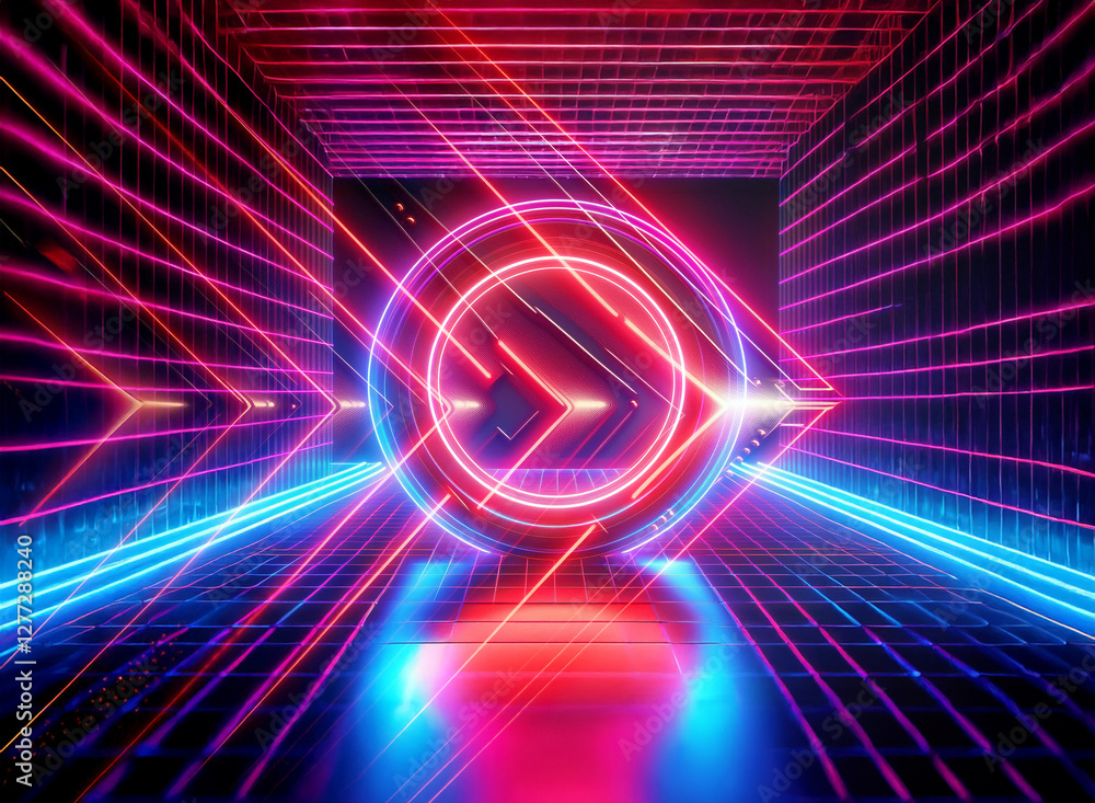 Poster vibrant neon lines create a dynamic, futuristic tunnel effect with double exposure, blending geometr