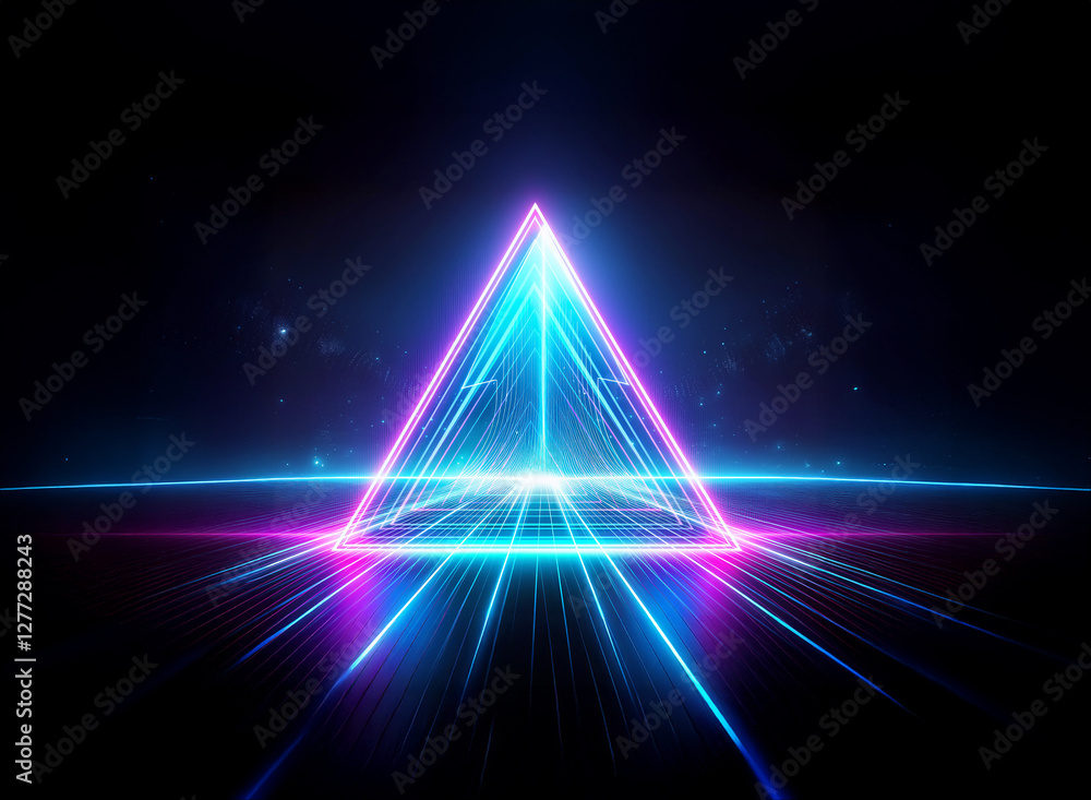 Poster abstract double exposure of neon triangle with radiant lines against a dark backdrop, creating a fut
