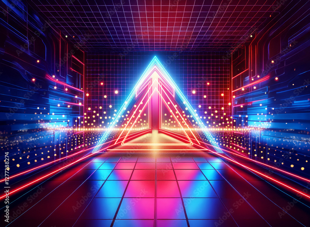 Poster vibrant neon tunnel with geometric shapes creates a double exposure effect, blending digital and abs