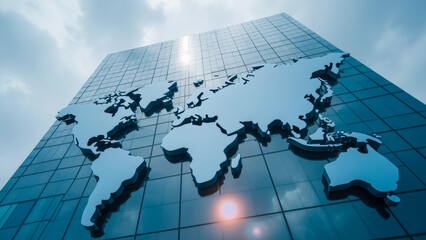 Modern skyscraper with shiny world map sculpture reflecting clouds and sunlight, showcasing global connectivity and urban architecture in the cityscape