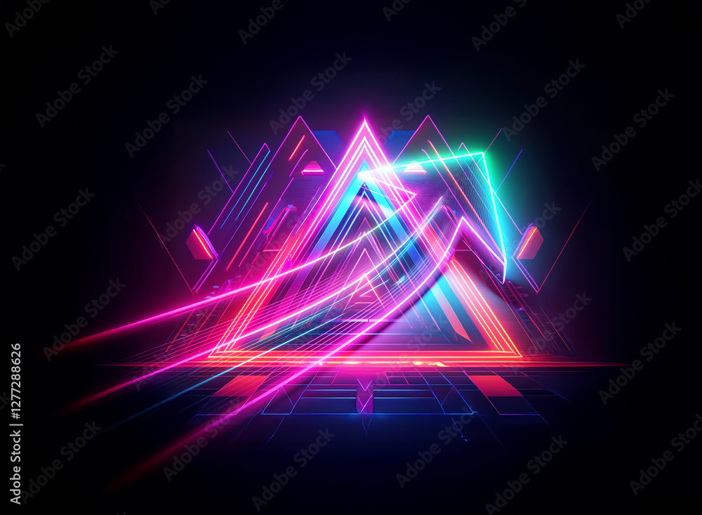 Poster abstract geometric composition with vibrant neon triangles and lines, creating a double exposure eff