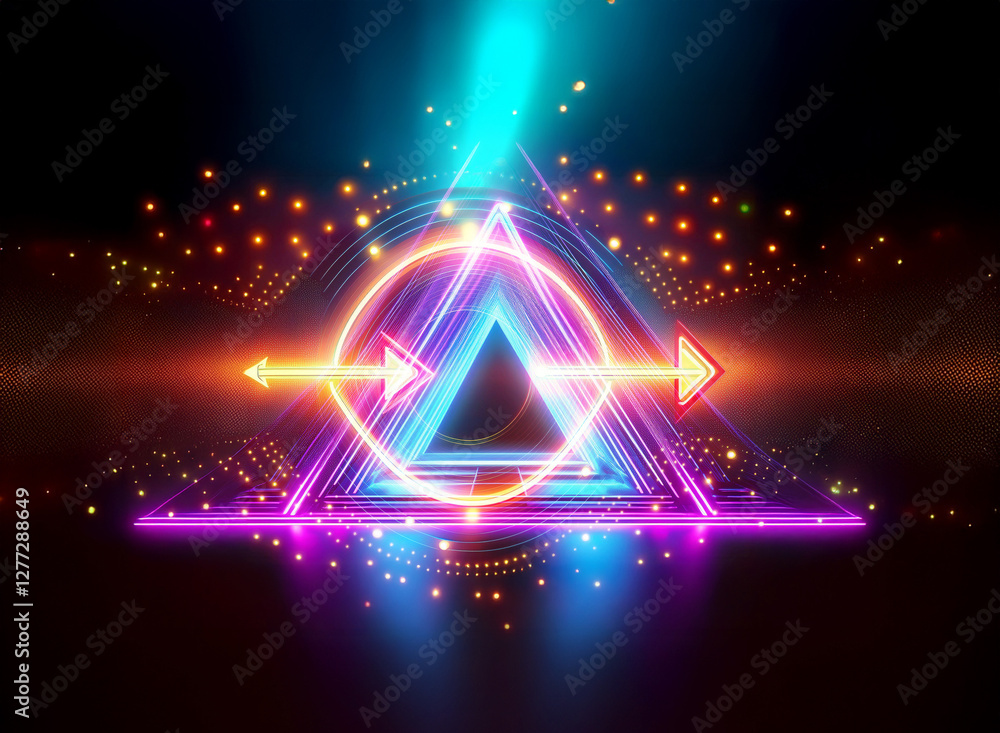 Aufkleber vibrant double exposure abstract design featuring a glowing neon triangle and circle with arrows, se
