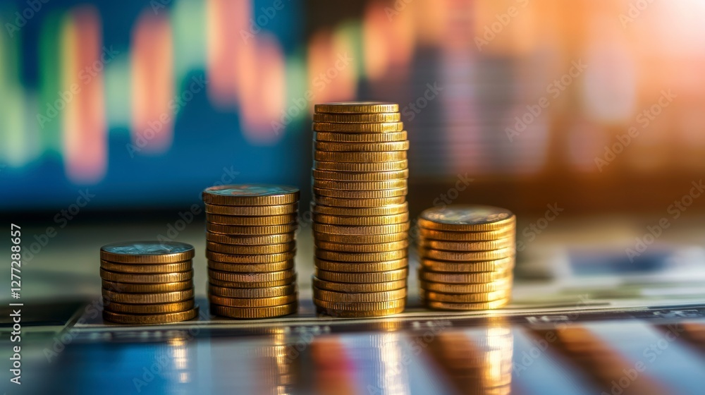 Poster stacks of coins representing financial growth on a blurred financial data background. possible use s