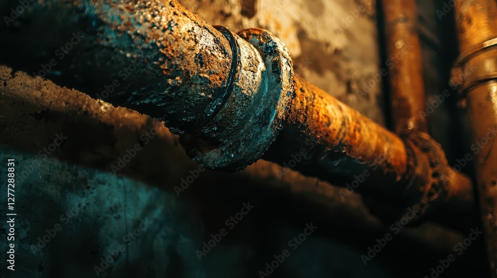 Poster rusty pipe in an industrial setting with dim lighting and texture