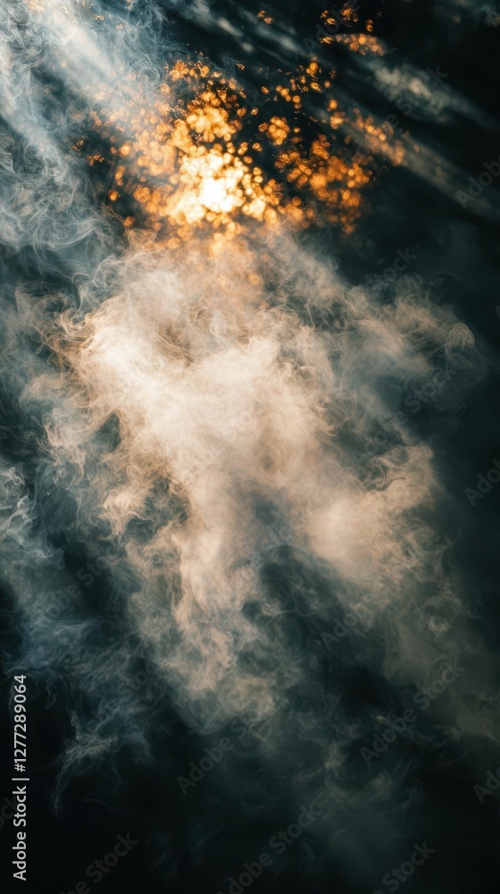 Poster sunlight filtering through mist in a dark forest setting