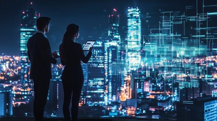 Business people view city skyline at night with digital interface overlay