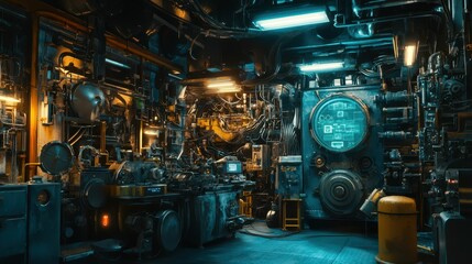Industrial Machinery Room with Pipes and Control Panels in Dark Space