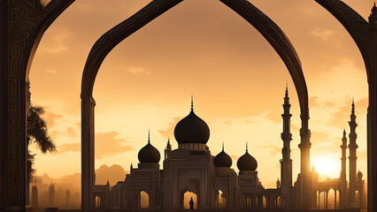 A majestic mosque with towering minarets silhouetted against a golden sunset sky, radiating spiritual serenity and architectural elegance, symbolizing faith, tradition, and Islamic heritage.