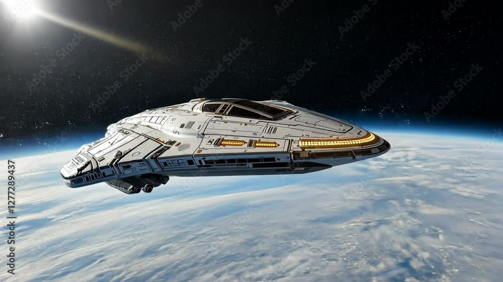 Poster futuristic spaceship soaring above earth showcase of advanced technology and design in space