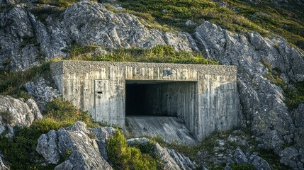 Abandoned Concrete Bunker Surrounded by Nature and Rocky Terrain