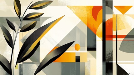 Abstract geometric art with foliage.