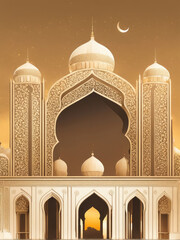 A majestic mosque with towering minarets silhouetted against a golden sunset sky, radiating spiritual serenity and architectural elegance, symbolizing faith, tradition, and Islamic heritage.