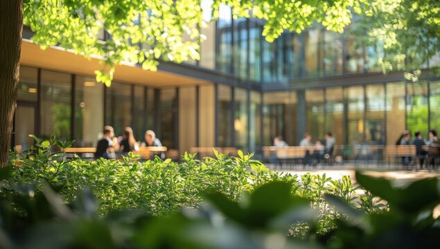 Outdoor office patio, people relaxing, sunny courtyard