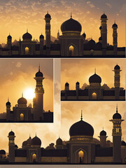 A majestic mosque with towering minarets silhouetted against a golden sunset sky, radiating spiritual serenity and architectural elegance, symbolizing faith, tradition, and Islamic heritage.